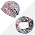 Set berretto e scaldacollo in cotone a fiori da donna, copricapo grigio traspirante - Piccolo motivo floreale - Sottile / Cappello e Scaldacollo 2-in-1 / Grigio