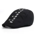 Trendy black flat cap with gothic lettering and gold star studs for men and women - One Size / Letter Style / Black