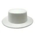 Elegant white flat-top wool felt boater hat with a wide brim for autumn and winter. - White