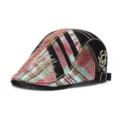 Vintage patchwork plaid beret flat cap for men and women with adjustable buckle strap - One Size / Patchwork Stitched Plaid / Black