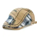 Vintage khaki and blue plaid patchwork flat cap beret with Classics and Fashion print - One Size / Arrow Embroidery Thread / Khaki