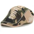 Fashionable camouflage printed beret flat cap with SINCE 1981 and TM logo embroidery - One Size / Spliced Camouflage / Khaki