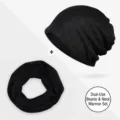 Set versatile di berretto e scaldacollo nero a righe sottili per primavera e estate - Stile a Doppio Uso / Taglia Unica - Elastico / Tinta Unita Nero