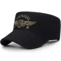 Berretto militare nero a testa piatta professionale con ricamo dorato dettagliato U.S. NAVAL - Regolabile (56-60cm) / Stile 3-Nero