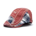 Stylish reddish-brown beret hat with plaid patchwork and white contrast stitching. - One Size / Arrow Embroidery Thread / Burgundy