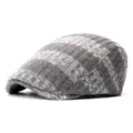 Retro grey and white plaid knitted newsboy flat cap for autumn and winter warmth - Adjustable 55-59cm Head Circumference / Wide Horizontal Stripe - Dark Gray