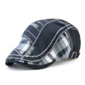 Vintage navy blue plaid newsboy cap with decorative white stitching for men and women - One Size / Arrow Embroidery Thread / Dark Blue