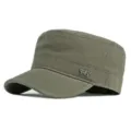 Klassische olivgrüne Baumwoll-Militärmütze mit Flachtop und Metallemblem-Detail - Normalgröße (56-60cm) / Stil mit Metalletikett (J0205) / Armeegrün