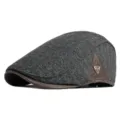 Retro grey woolen flat cap with brown leather brim and decorative metal badge - Patchwork Metal Badge-Gray