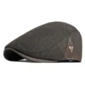 British retro brown newsboy cap with a leather brim for warm autumn and winter wear - Patchwork Metal Badge-Coffee