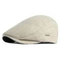 Classic beige newsboy flat cap for men and women with vintage British ivy style texture - Small Check Metal Badge-Beige