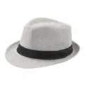 Cappello fedora in lino grigio traspirante con nastro nero per protezione solare estiva. - Adulto M (Circa 57-58cm) / Grigio chiaro (Fascia in tessuto)