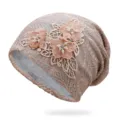 Elegant pink lace beanie hat for women with embroidered floral and pearl accents - One Size / Style 2 / Dark Dusty Pink