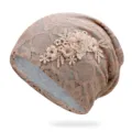 Elegant beige lace floral beanie hat for women featuring breathable cotton lining - One Size / Style 3 / Dark Dusty Pink