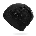 Elegant black lace slouchy beanie for women with breathable floral decoration accents - One Size / Style 2 / Black