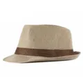 Elegante cappello fedora in lino traspirante kaki con nastro decorativo marrone scuro - Adulto M (Circa 57-58cm) / Cachi (Fascia a Contrasto)