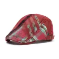 Vintage red plaid patchwork flat cap beret for men and women with adjustable buckle - One Size / Patchwork Stitched Plaid / Burgundy