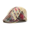 Fashionable vintage beige patchwork beret flat cap with plaid patterns and stitching - One Size / Patchwork Stitched Plaid / Khaki