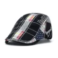Stylish vintage patchwork plaid flat cap beret for men and women in black and red tones - One Size / Irregular Embroidery / Black