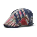 Vintage patchwork cotton beret flat cap with stylish embroidery and adjustable buckle - One Size / Patchwork Stitched Plaid / Dark Blue