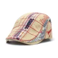 Retro khaki checkered beret flat cap with red embroidery and vintage patch design - One Size / Irregular Embroidery / Khaki