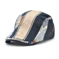 Retro patchwork flat cap with navy blue and beige printed fabric panels. - One Size / Appliqué / Dark Blue