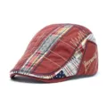 Vintage red patchwork beret hat with embroidery and decorative stitching - One Size / Irregular Embroidery / Burgundy