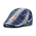 Vintage blue patchwork beret cap with white decorative stitching and plaid fabric details - One Size / Irregular Embroidery / Dark Blue