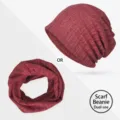 Berretto e scaldacollo bordeaux a coste a doppio uso per uomo e donna, leggero - Stile a Doppio Uso / Taglia unica / Rosso scuro