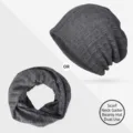 Berretto e scaldacollo 2-in-1 grigio scuro in maglia a coste per uomo e donna - Stile a Doppio Uso / Taglia Unica - Elastico / Grigio Scuro Tinta Unita