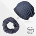 Berretto e scaldacollo 2 in 1 in maglia sottile a righe per primavera/estate - Stile a Doppio Uso / Taglia Unica - Elastico / Blu Navy Tinta Unita