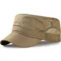 Men's khaki breathable mesh flat top military cadet cap for summer sun protection - Standard Size (56-59cm) / Honeycomb Mesh Style / Khaki