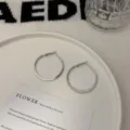 Detailed view of minimalist silver geometric round hoop earrings on a white plate - Flat Geometric Hoop (E5032) / 4cm / Silver
