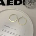 Close-up of minimalist gold-plated geometric round hoop earrings on a white plate - Flat Geometric Hoop (E5032) / 4cm / Gold