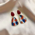 Vintage geometric flocked drop earrings with red studs on satin fabric background - Inverted Triangle Flocking Style (E2030) / Navy Orange Pattern (E2030)