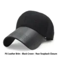 Gorra de béisbol clásica de fieltro negro con visera de cuero PU y hebilla ajustable - 55-60cm / Cierre Ajustable / Negro con Ala de PU