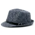 Vintage grey textured wool fedora hat with stylish black leather band and buckle - One Size (56-58cm) / Dark Blue Gray Belt Buckle