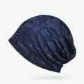 Elegant navy blue lace beanie hat with breathable floral pattern for women - Thin Style - Closed Top / Sapphire Blue