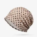 Breathable lace pullover beanie with black polka dot pattern for women in beige - Thin Style - Closed Top / Khaki Polka Dot