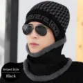 Black striped winter knitted beanie hat and fleece lined neck warmer set for men - Single Hat / Striped Style - Black