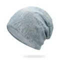 Elegante berretto in pizzo floreale azzurro con morbida fodera grigia per donna casual - Taglia Unica - Elastico / Stile 10 / grigio-blu