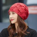 Berretto in pizzo rosso con fiori per donna, cappellino sottile e traspirante primavera. - Taglia unica / Stile 15 / Rosso scuro