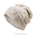 Elegante berretto slouchy donna in pizzo bianco con ricamo stelle oro e paillettes - Taglia unica / Stile 14 / Beige