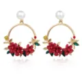 Elegant gold-tone hoop earrings featuring red flowers, vibrant crystals, and white pearls. - Round Floral Artificial Pearl Drop Style (E3845) / Gold Red