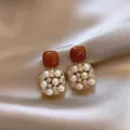 French retro Ankora red and pearl square drop earrings for elegant winter style - Square Double Pearl (E2214)