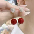 Elegant red pearl heart drop earrings in French vintage style festive jewelry for women - Heart Rhinestone Long Style (E2353)