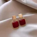 Elegant gold square earrings with deep red enamel drop on champagne silk background - E3758 Gold Red (Square Geometric Style)