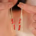 Elegant Ankara red bamboo-style drop earrings with a vintage gold finish for women - Double Bamboo Section Threader (E2412)
