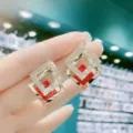 Elegant square geometric earrings with Ankara red accents and sparkling rhinestones - E3783 Gold Red (Square Nested Rhinestone Style)