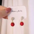 Elegant French style matte red pearl drop earrings with crystal teardrop accents. - Matte Red Bead Style (E2512)